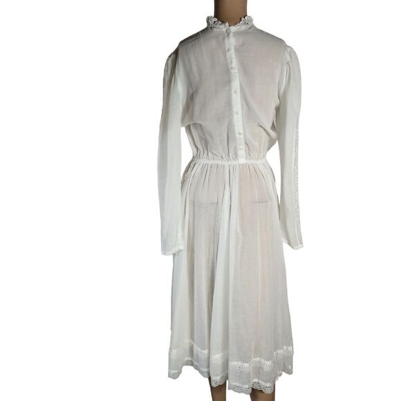 Gunne Sax White Lace 1970s White Prairie Wedding Lace Collar Satin Trim Dress - Picture 4 of 12